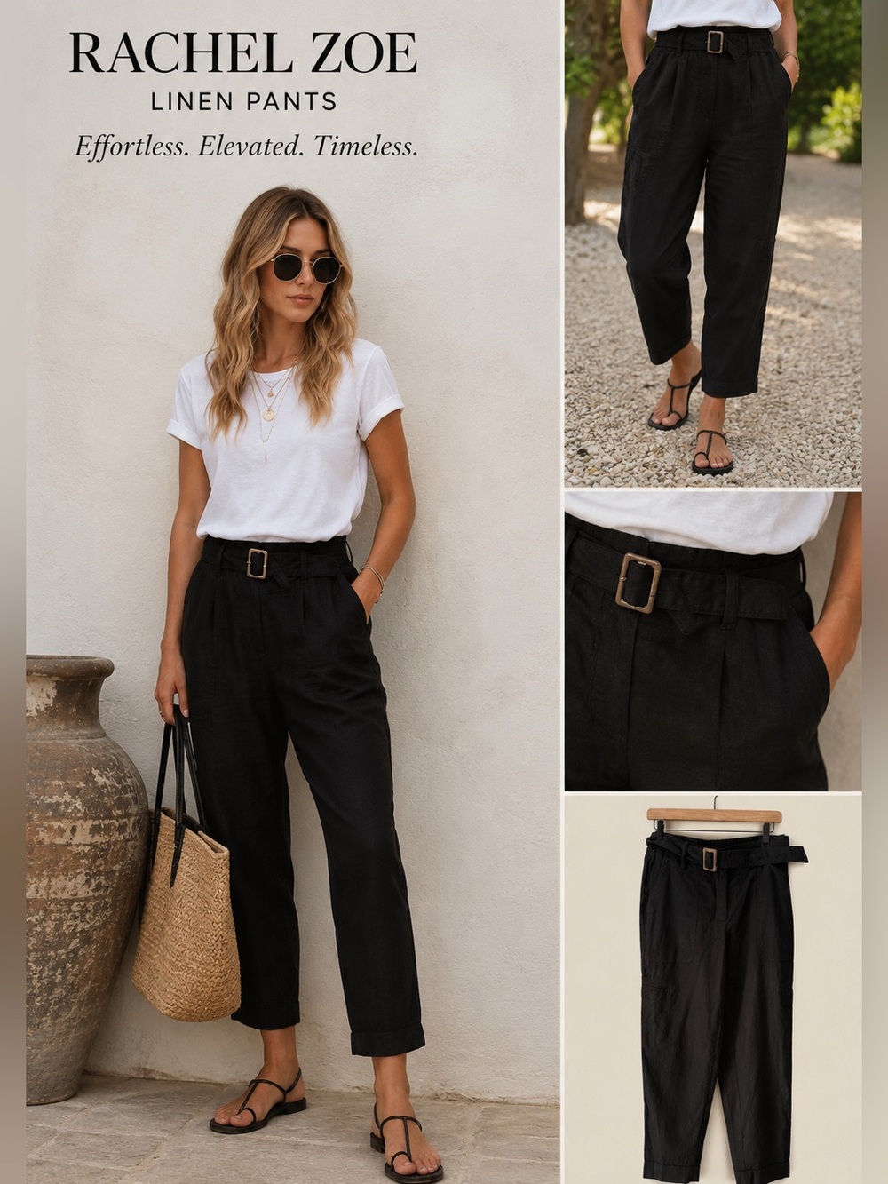 Rachel Zoe Black Linen Blend Belted Cropped Pants Size 8 Lagenlook Minimalist